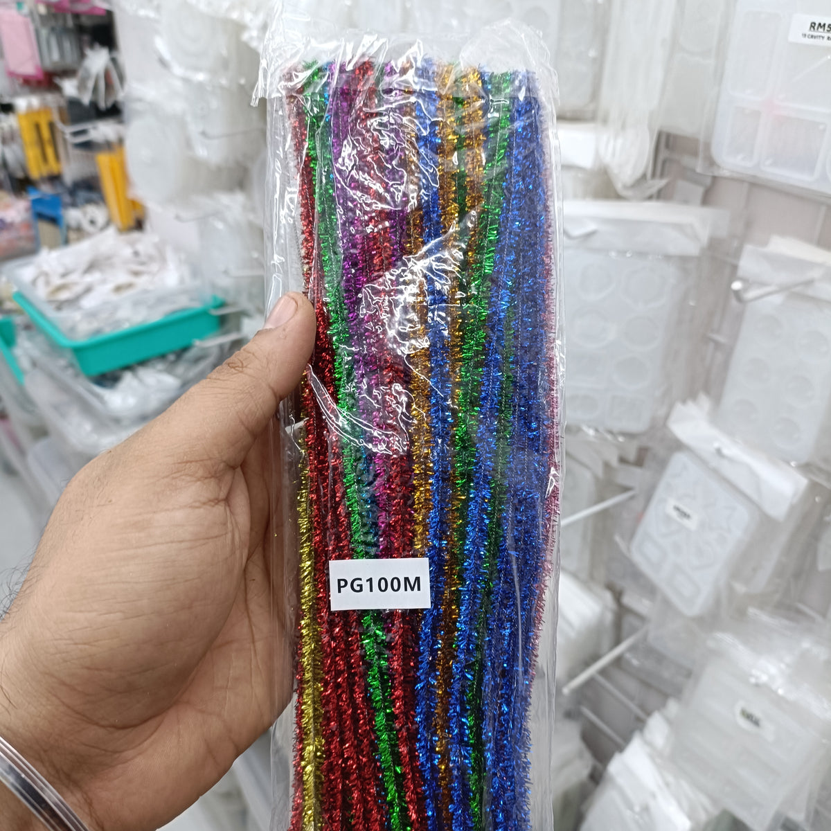 Multicolor sparkle pipe cleaner bundle in clear plastic wrap, pack of 100