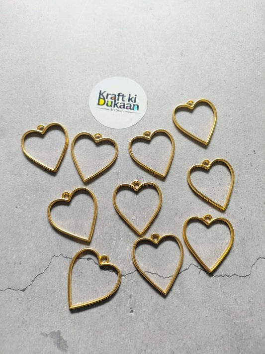 Heart bezel pendant set of 10, gold tone plain heart frames.
