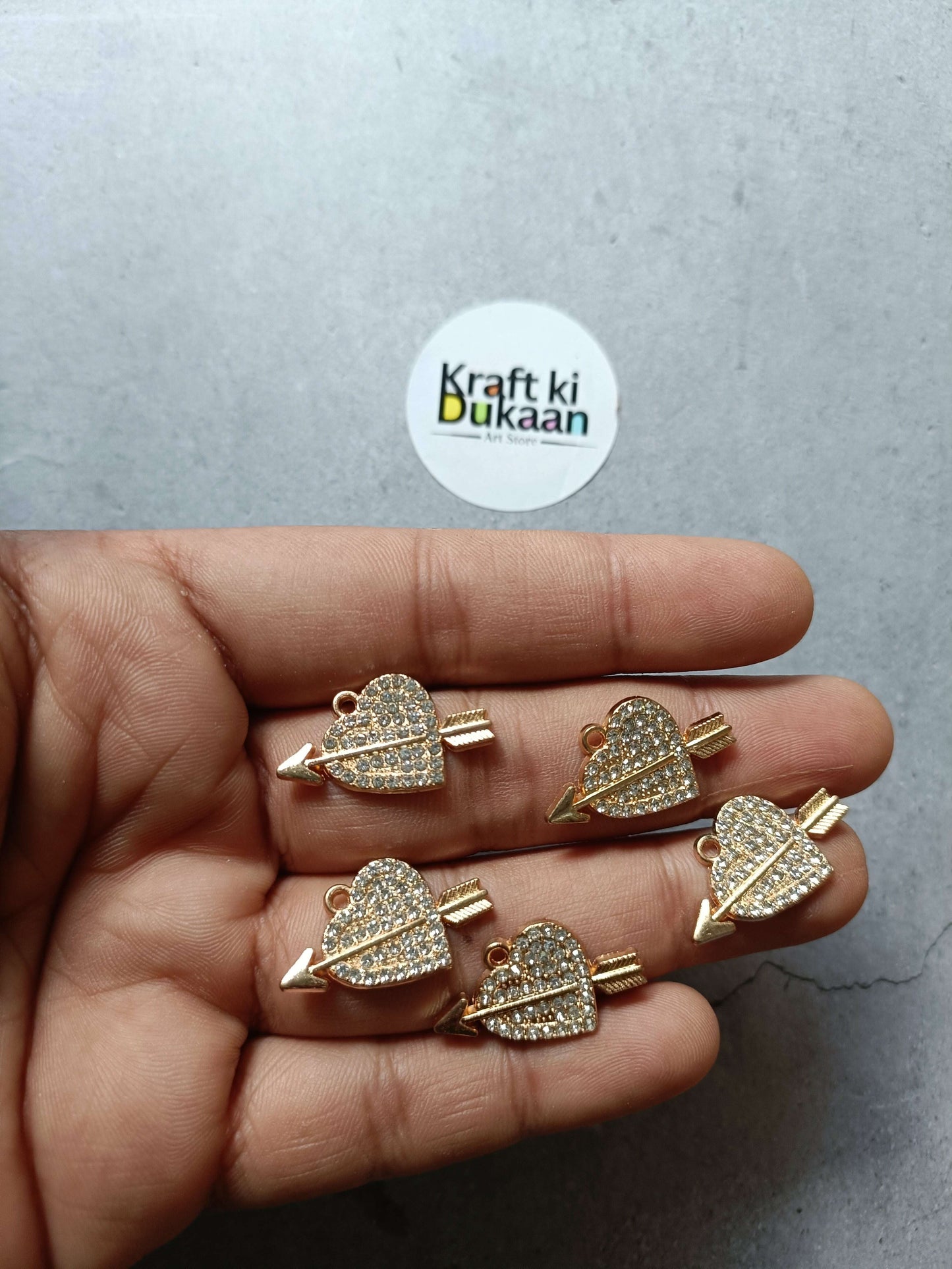 Gold-tone rhinestone heart pendant charms with small capped bails, 5-pack