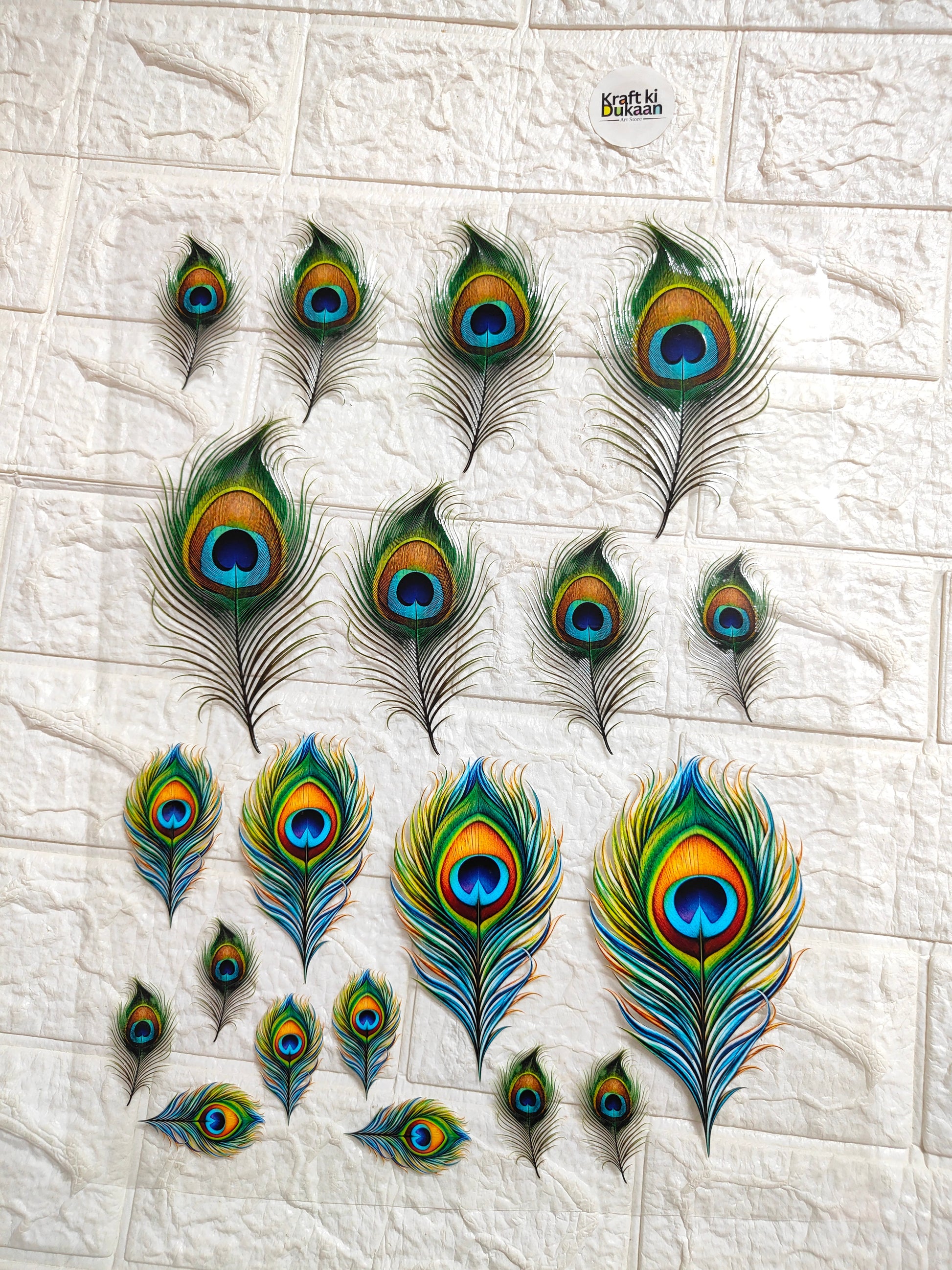 Peacock feather peel-off sticker sheet with colorful feather decals, A3