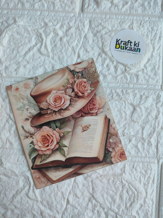 Mini colour sticker sheet with vintage roses and an open book illustration