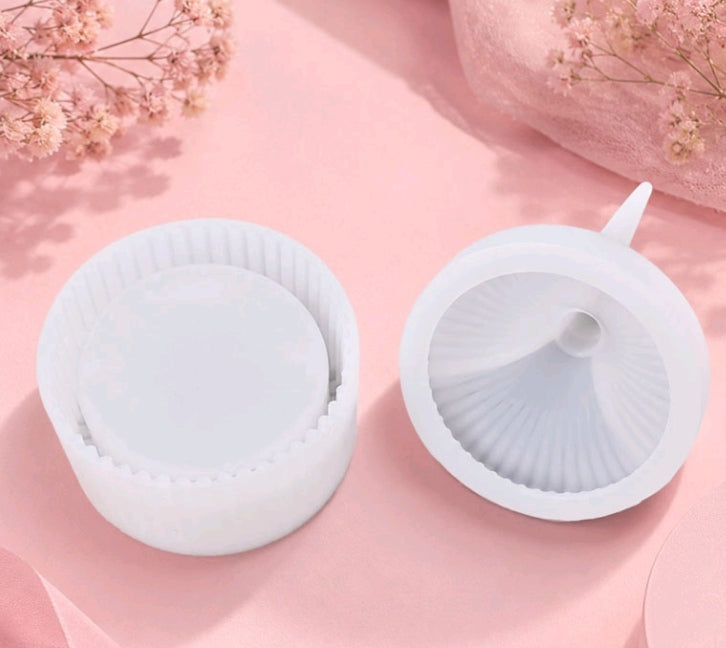 3" gift box mould, two white round pieces, one with ridged base and central slot