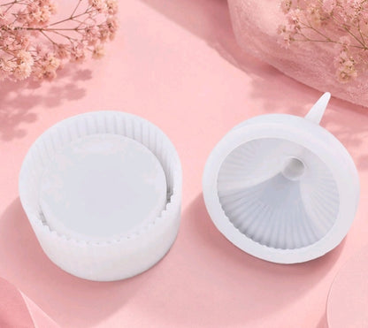 3" gift box mould, two white round pieces, one with ridged base and central slot