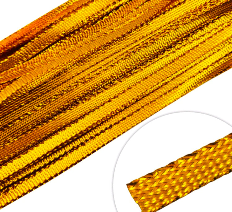 Gold shimmer metallic lace trim, 5mm width, braided glitter texture, roll