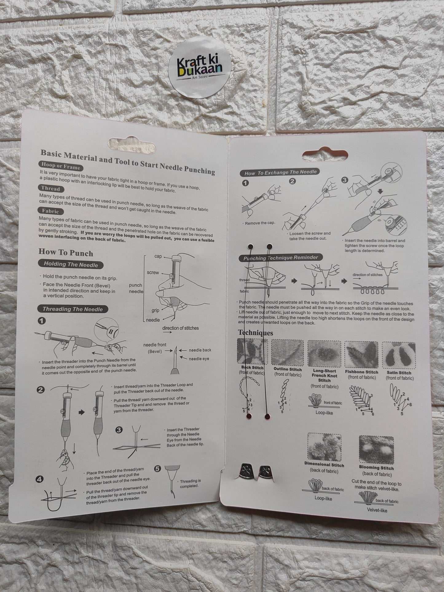 Punch needle set instruction sheets with basic tools and how-to diagrams
