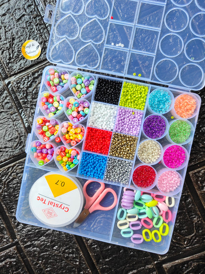 DIY bracelet beads kit bead tray with heart beads, round beads, colorful scissors
