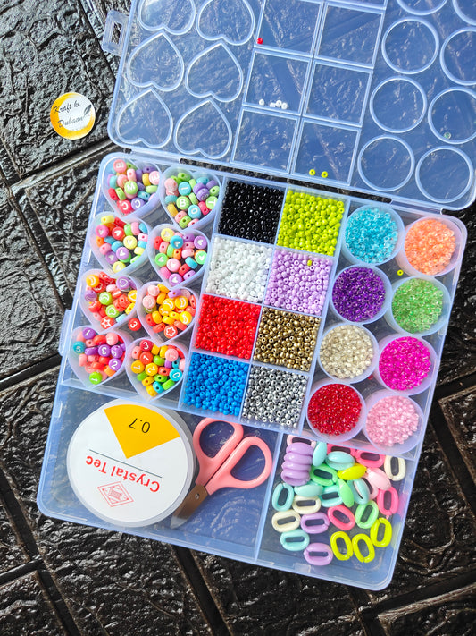 DIY bracelet beads kit bead tray with heart beads, round beads, colorful scissors