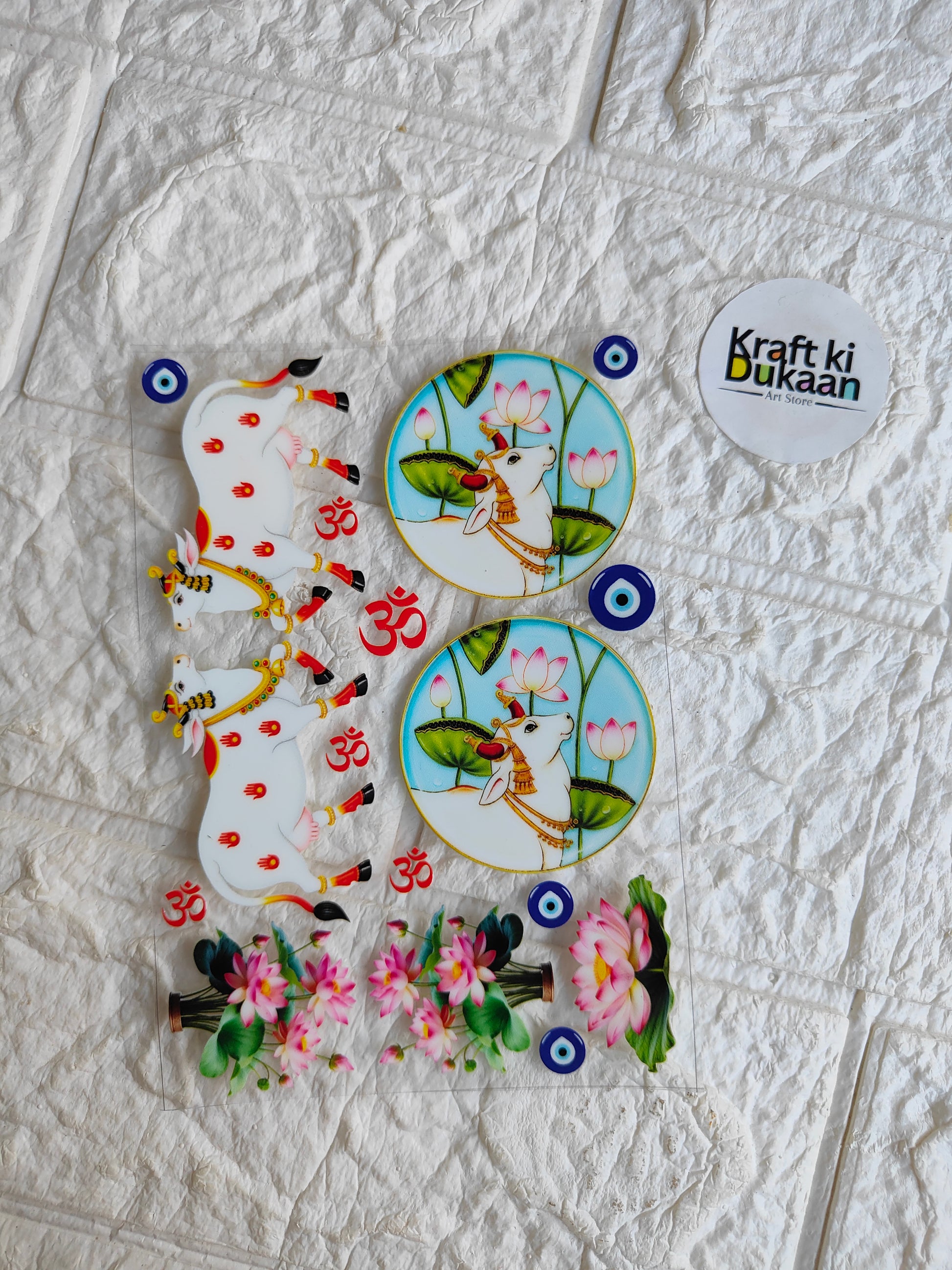 Peel-off sticker sheet with colorful circular animal and flower designs, 'Kraft ki Dukaan'