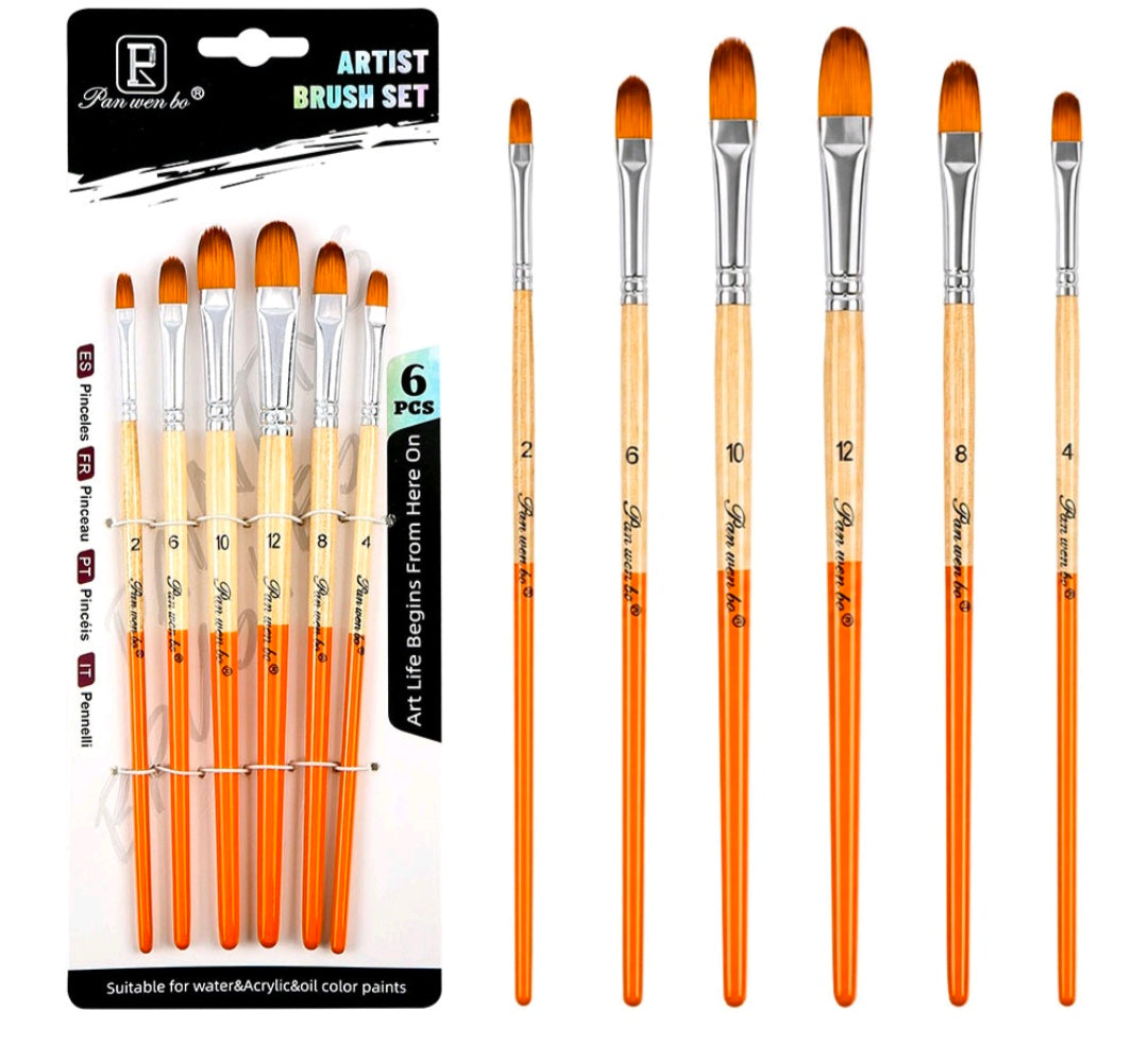 6-piece flat paint brush set with orange bristles and transparent handles