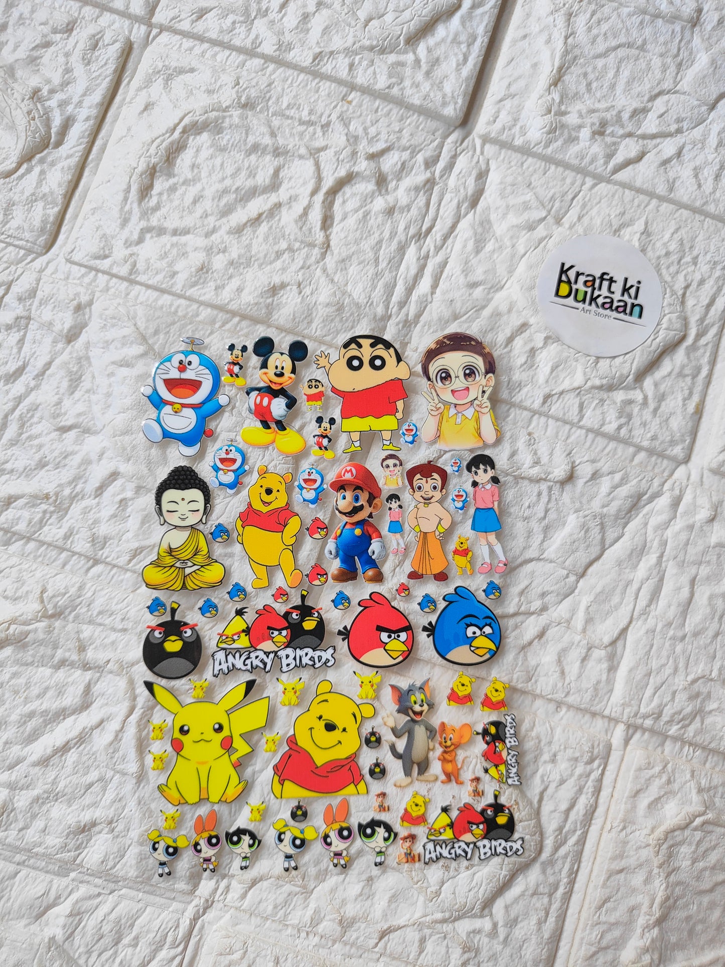 UV DTF peel-off sticker sheet with colorful cartoon character stickers