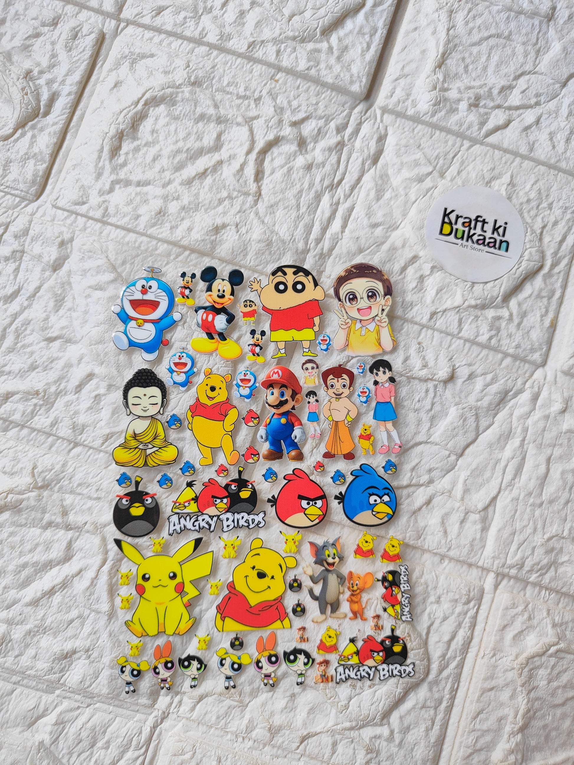 UV DTF peel-off sticker sheet with colorful cartoon character stickers