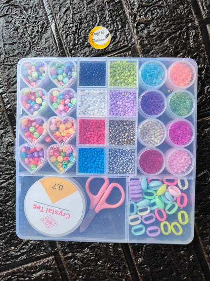 DIY bracelet beads kit in organizer tray with heart beads, round beads, glitter colors