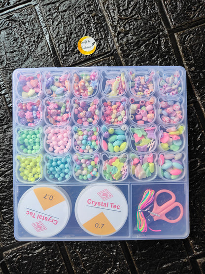 DIY bracelet beads kit A10: pastel beads and charms in clear organizer with cord spools