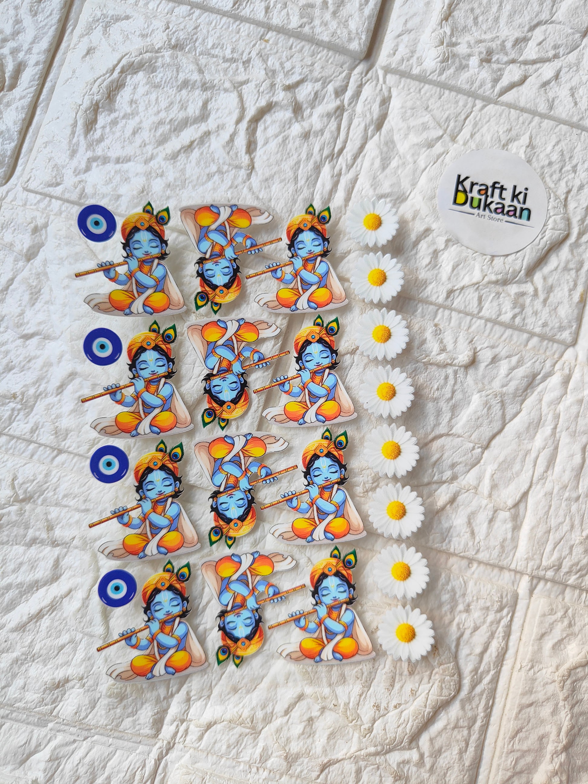 UV DTF peel-off sticker sheet with multiple blue flute character decals and white daisies