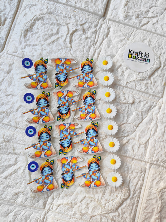 UV DTF peel-off sticker sheet with multiple blue flute character decals and white daisies