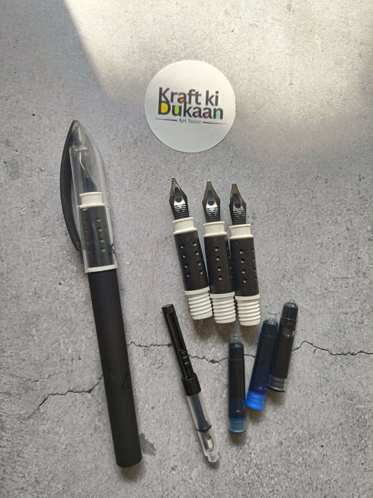 Calligraphy pen 8-piece set with black pens and metal nibs, laid out