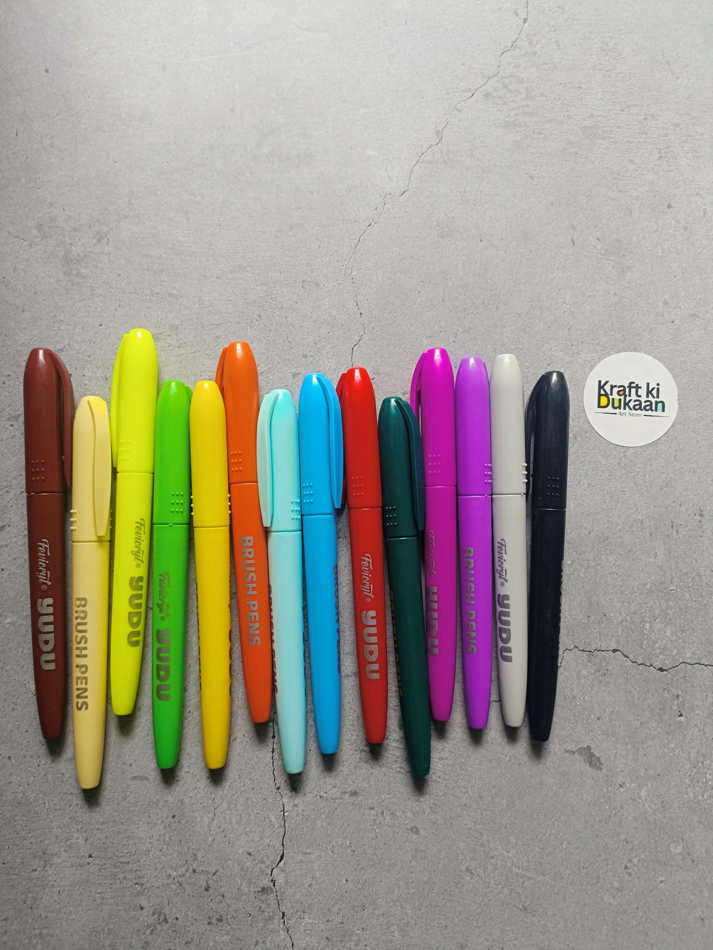 Fevicryl Yudu brush pens set with multicolor pens arranged in a row