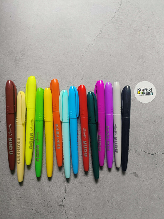 Fevicryl Yudu brush pens set with multicolor pens arranged in a row