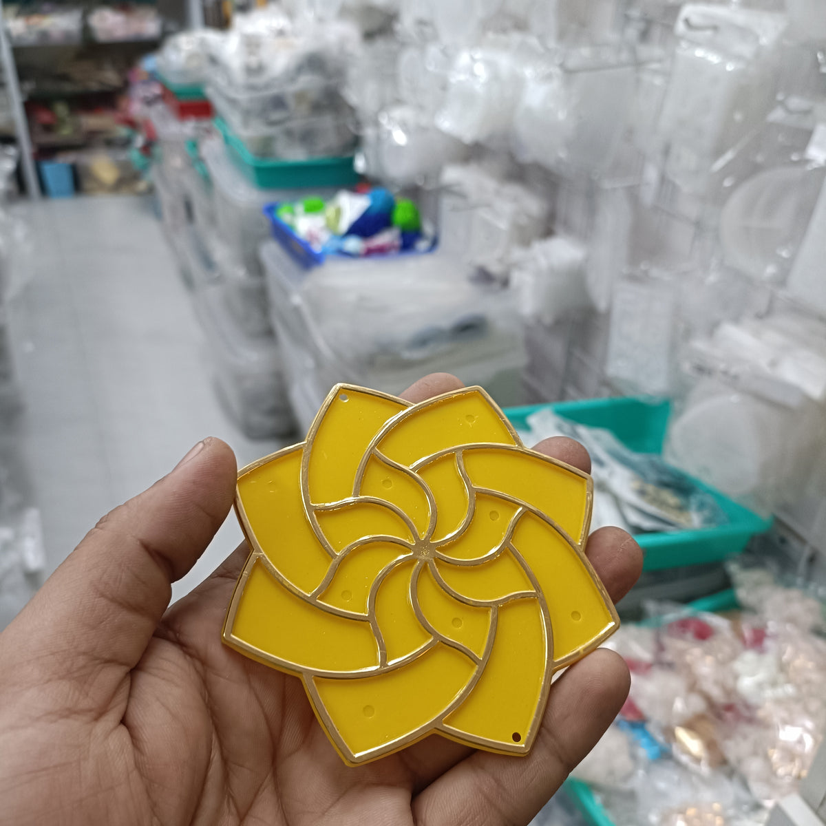 4-inch acrylic rangoli tealight base, yellow petals with gold outline—set of 2