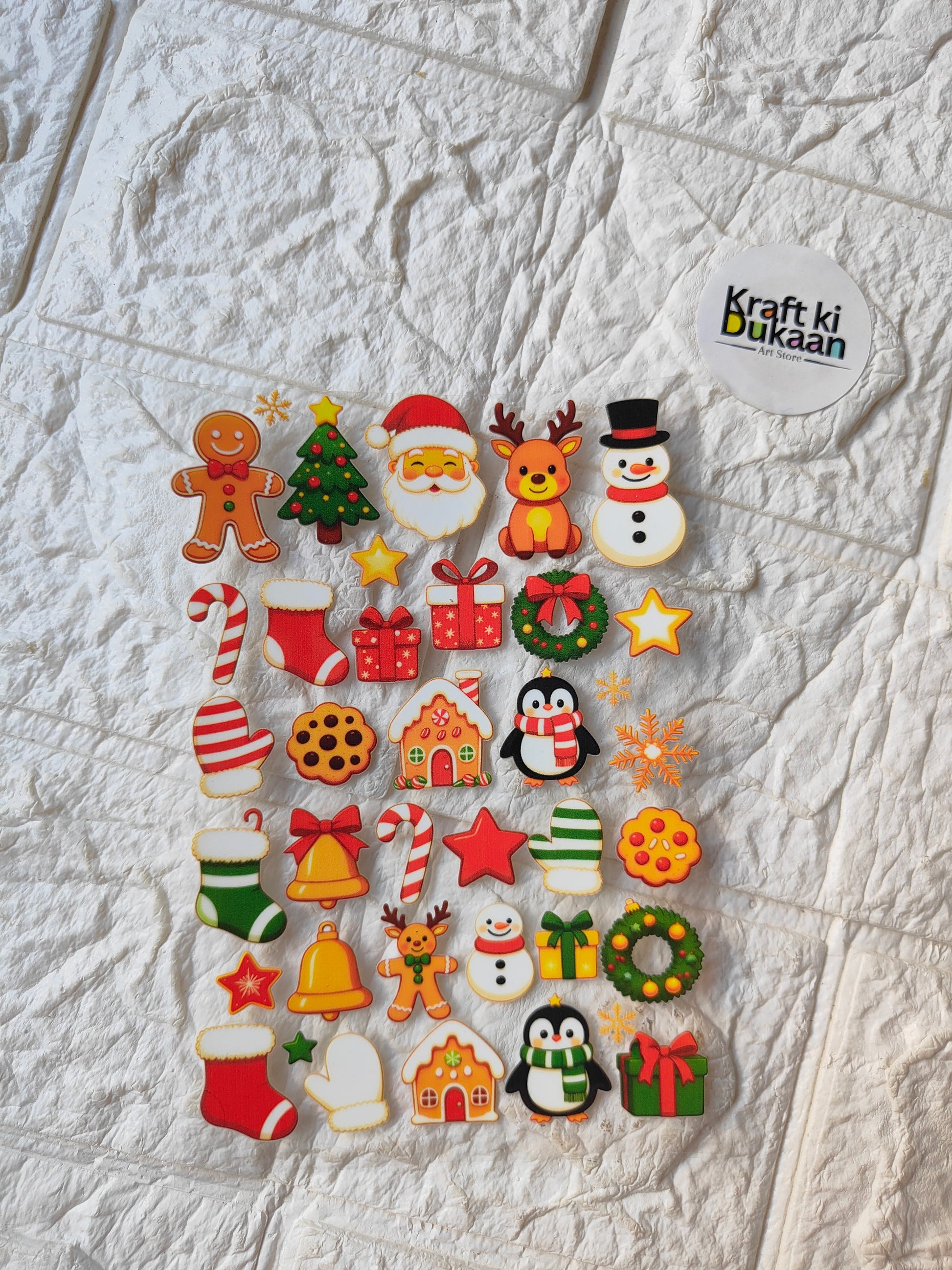 UV DTF peel-off sticker sheet with holiday gingerbread, ornaments, snowmen, gifts