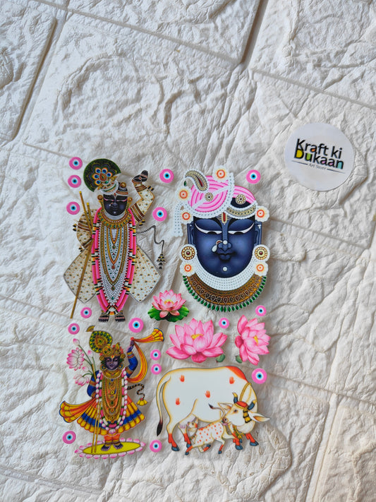 UV DTF peel-off sticker sheet with colorful deity and lotus designs, circular accents