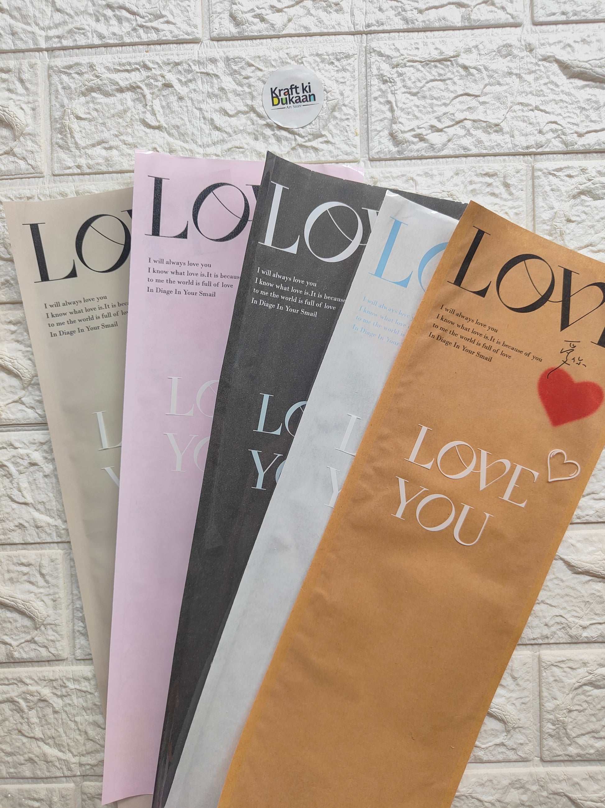 Set of LOVE-themed 14x40cm flower covers in pastel purple, black, light blue, tan
