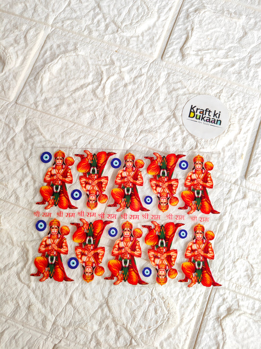 Peel-off sticker sheet with red illustrated figures and blue accents