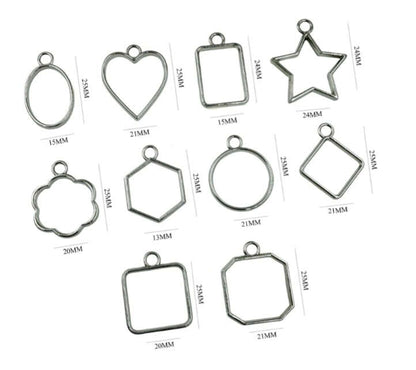 Silver plain bezel pendant shapes with size labels in mm: heart, star, square, circle, octagon