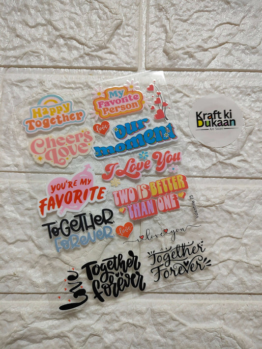 Peel-off sticker sheet with colorful love and friendship text designs and hearts