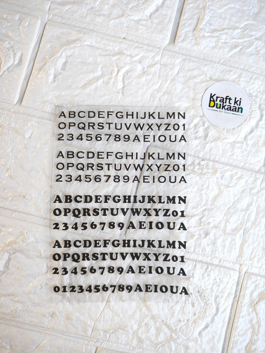 UV DTF peel-off sticker sheet with black alphabet and number grid, Kraft ki Ukai logo