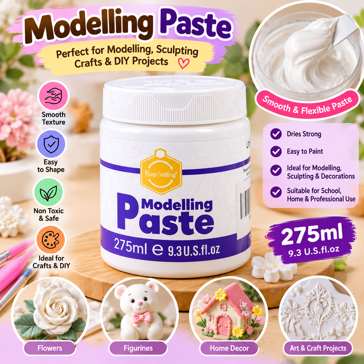 White modelling paste jar with purple band, 275ml, for sculpting and crafts