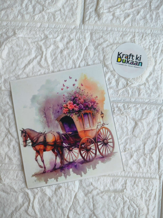 Mini colour sticker sheet with watercolor horse-drawn carriage and floral bouquet