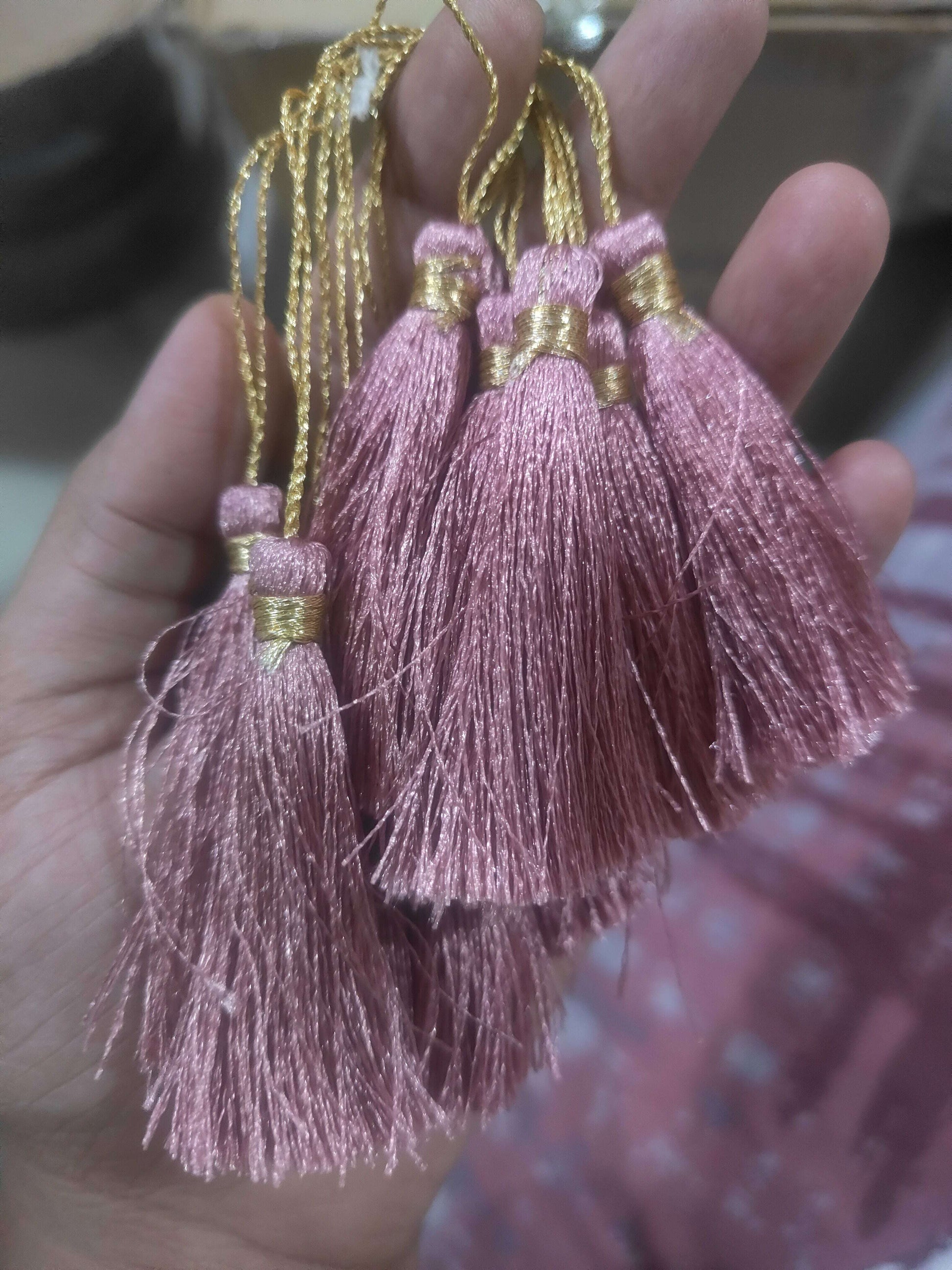 Silk tassel set, purple tassels with gold cords and small gold bead caps