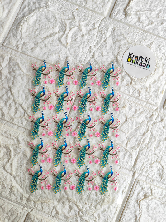 Peel-off sticker sheet with colorful peacock and pink flower pattern, round corner label