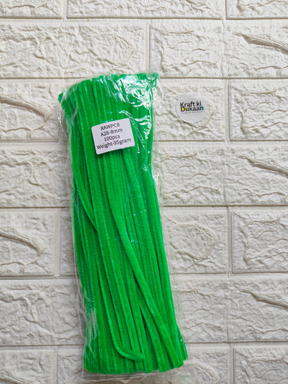 Bright green plain pipe cleaners, 8mm diameter, bundled pack of 100