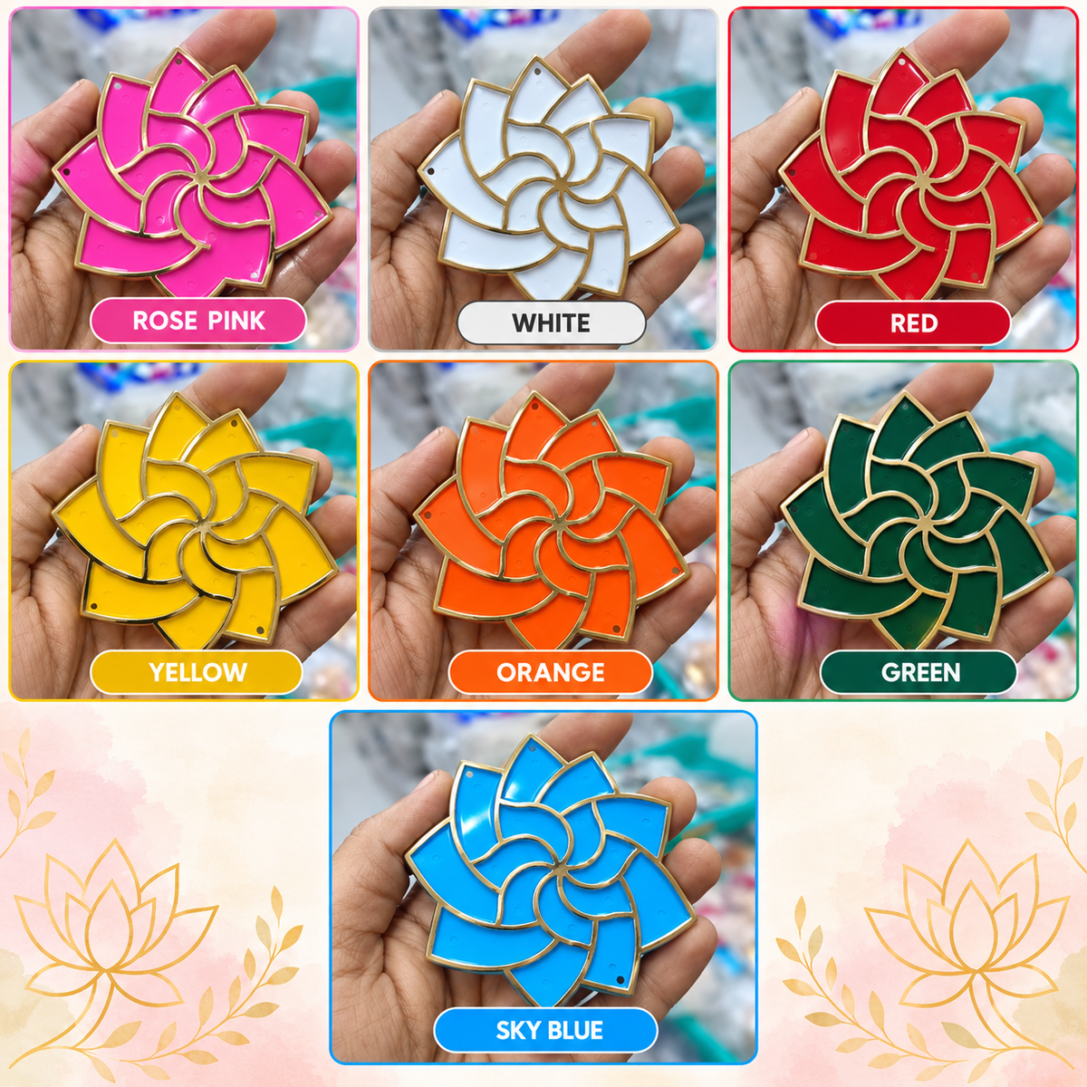 Assorted 4-inch acrylic rangoli tealight bases in multiple colors, gold-edged—set of 2