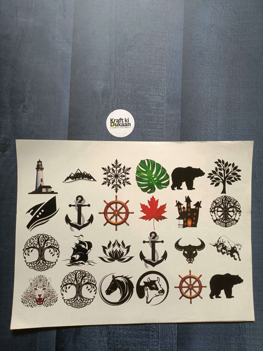 A4 colour sticker sheet with lighthouse, anchor, ship wheel, leaves, animals and trees