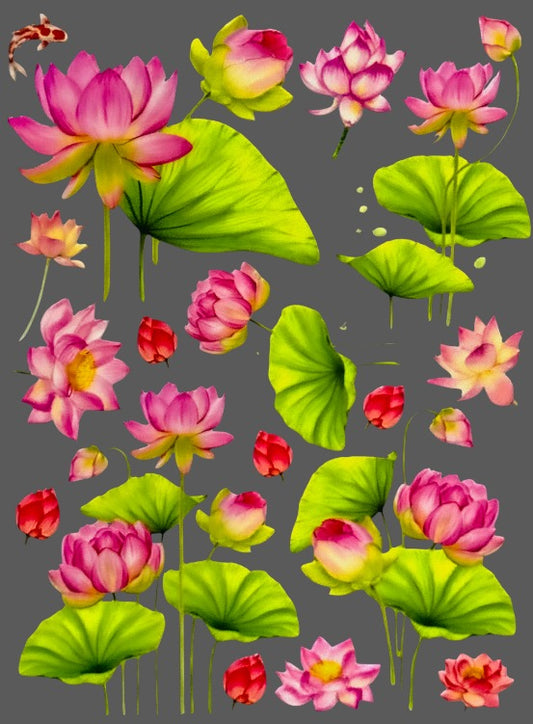 UV DTF peel-off sticker sheet with pink lotus flowers and green leaves, assorted shapes