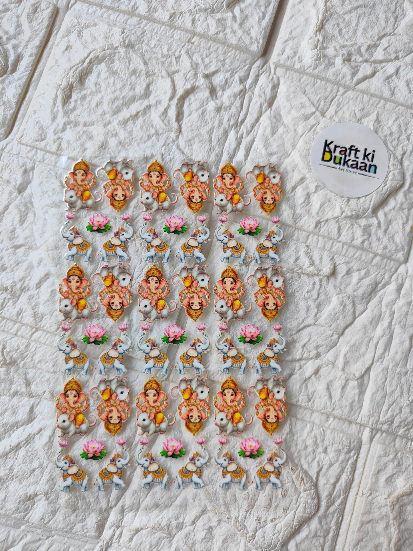 Peel-off sticker sheet with rows of cute cartoon characters holding pink flowers