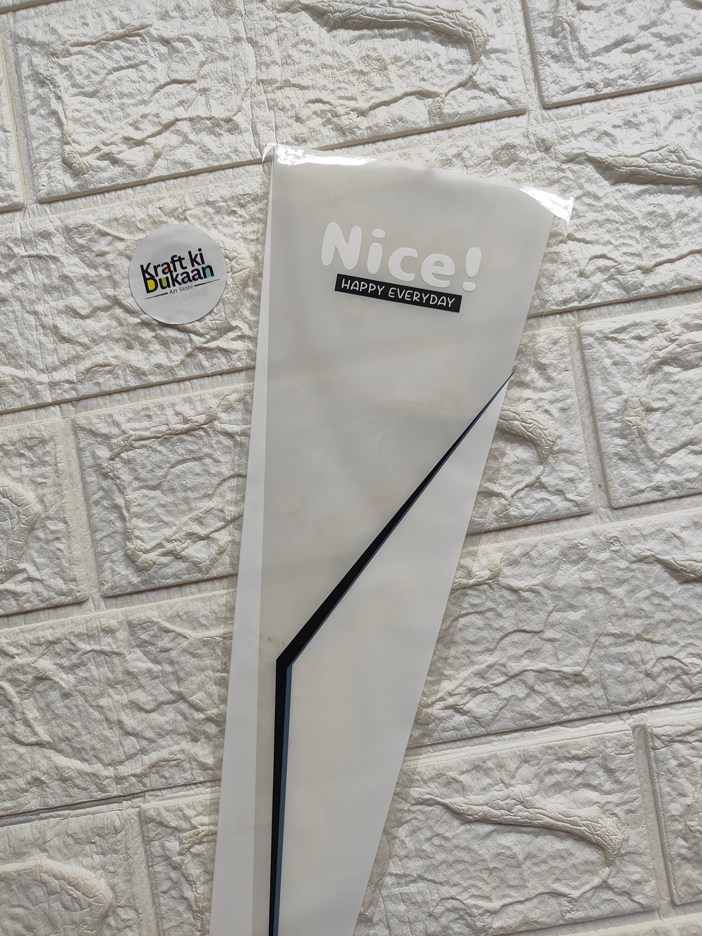 Flower cover sleeve, white with “Nice!” and black diagonal stripe accents
