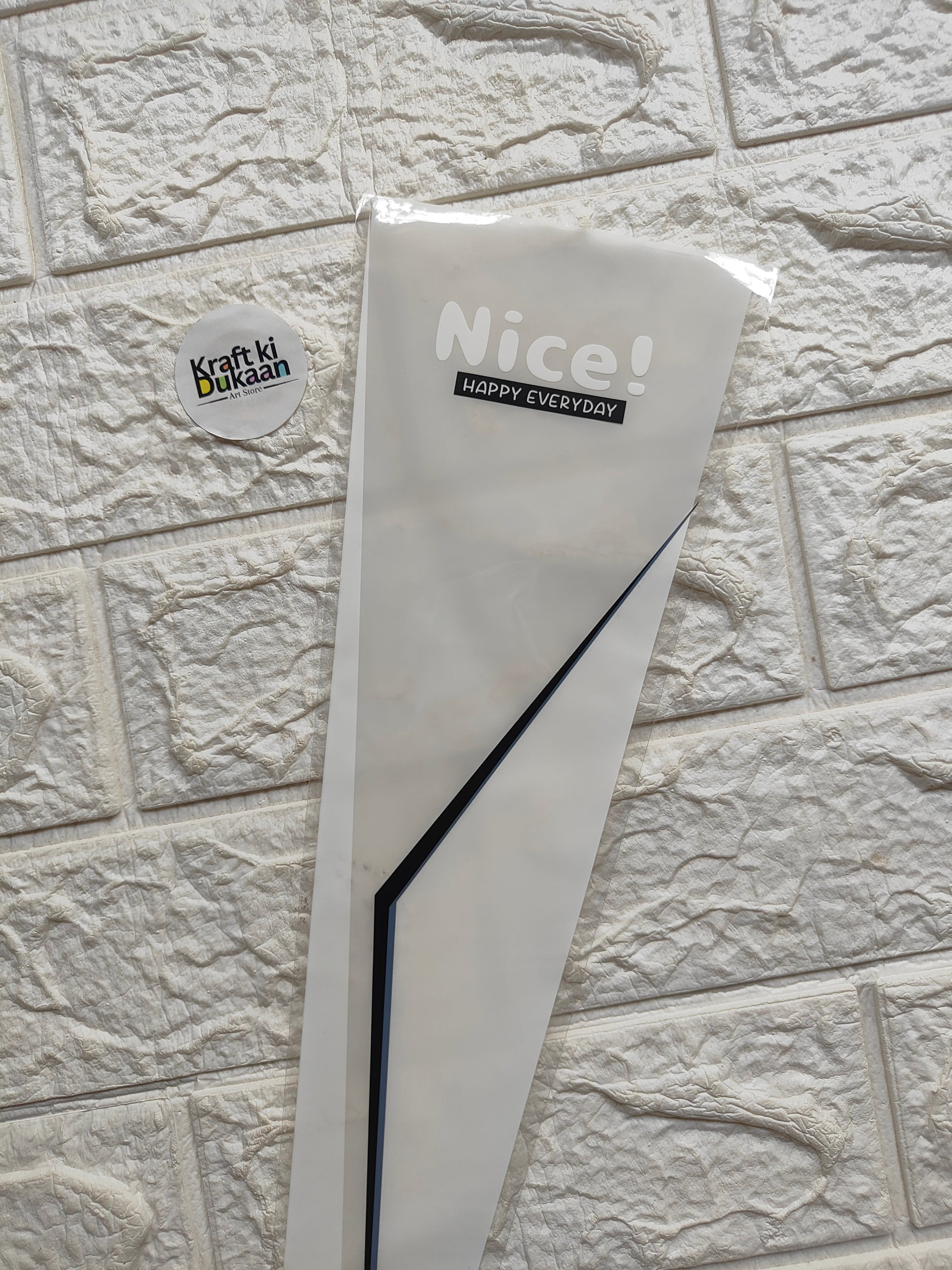 Flower cover sleeve, white with “Nice!” and black diagonal stripe accents