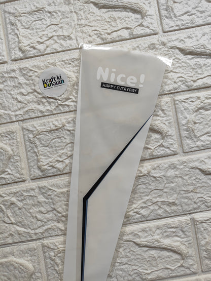 Flower cover sleeve, white with “Nice!” and black diagonal stripe accents