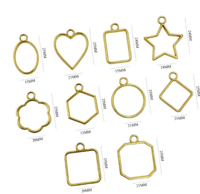 Gold plain bezel pendant shapes with size labels in mm: heart, star, square, circle, octagon