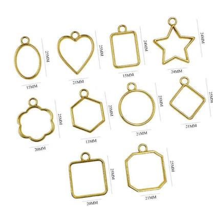 Gold plain bezel pendant shapes with size labels in mm: heart, star, square, circle, octagon