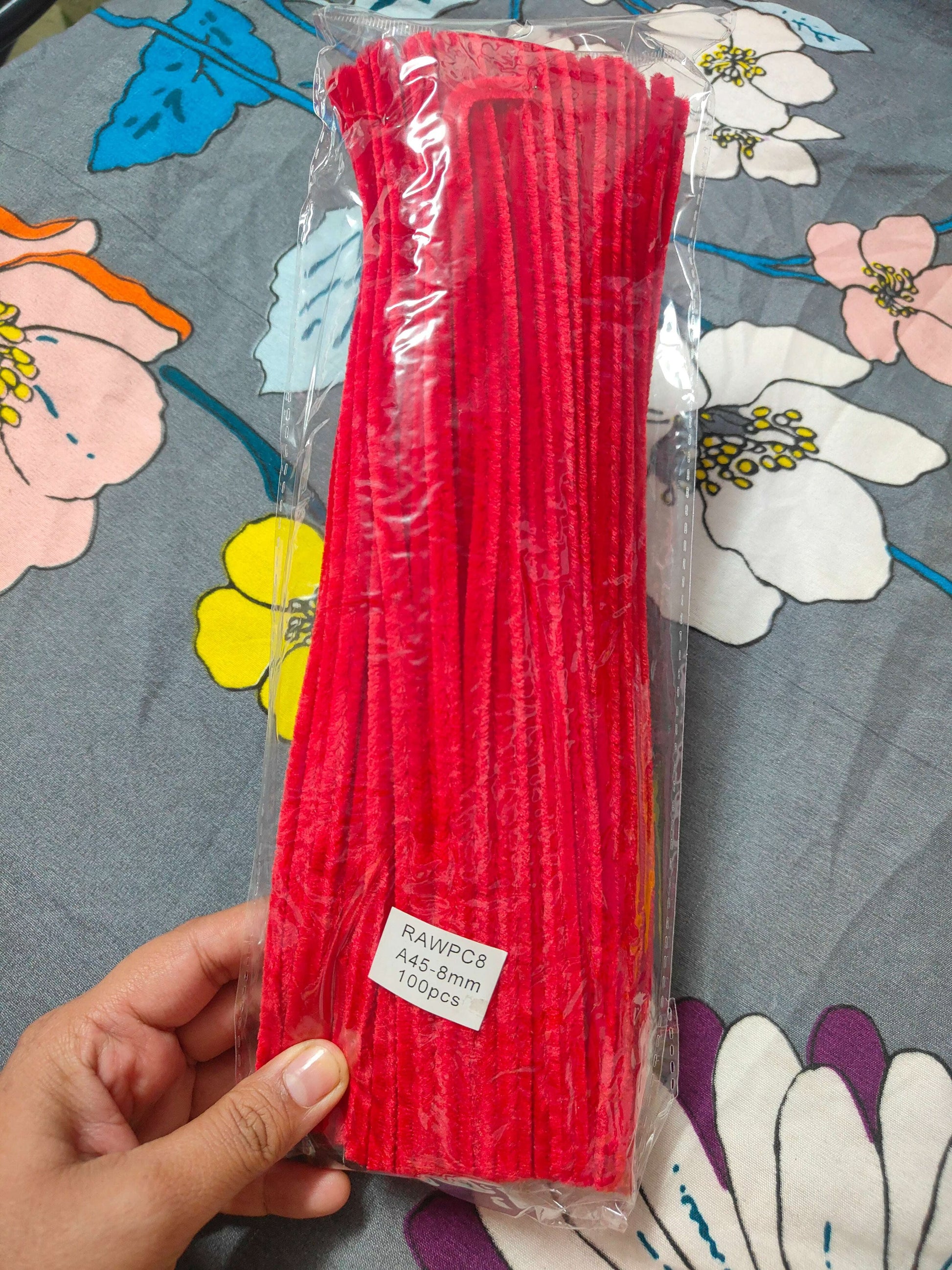 Pipe cleaner plain pack, red, 8mm, 100 pcs, tightly bundled in bag
