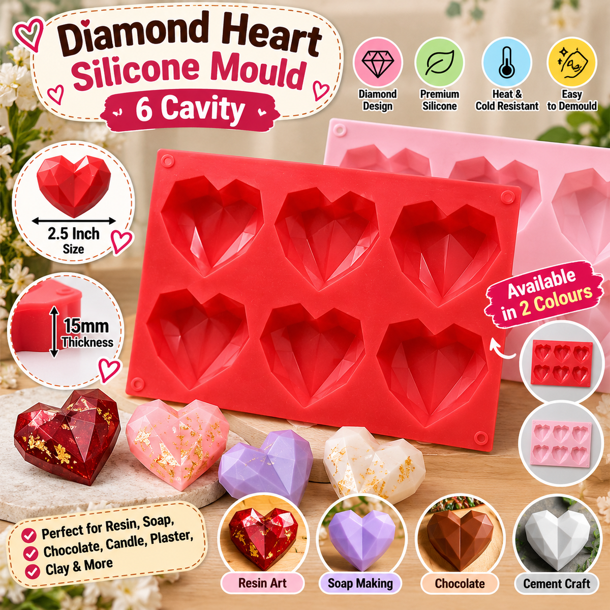 Red silicone diamond heart mould with 6 cavities for resin, soap, and chocolate