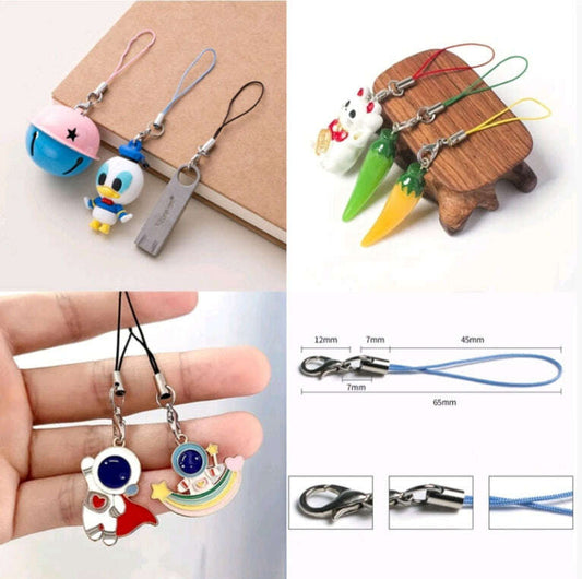 Rope keychains with lobster clasps and colorful cords, assorted charm keyrings shown
