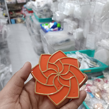 4-inch acrylic rangoli tealight base, orange petals with gold outline—set of 2