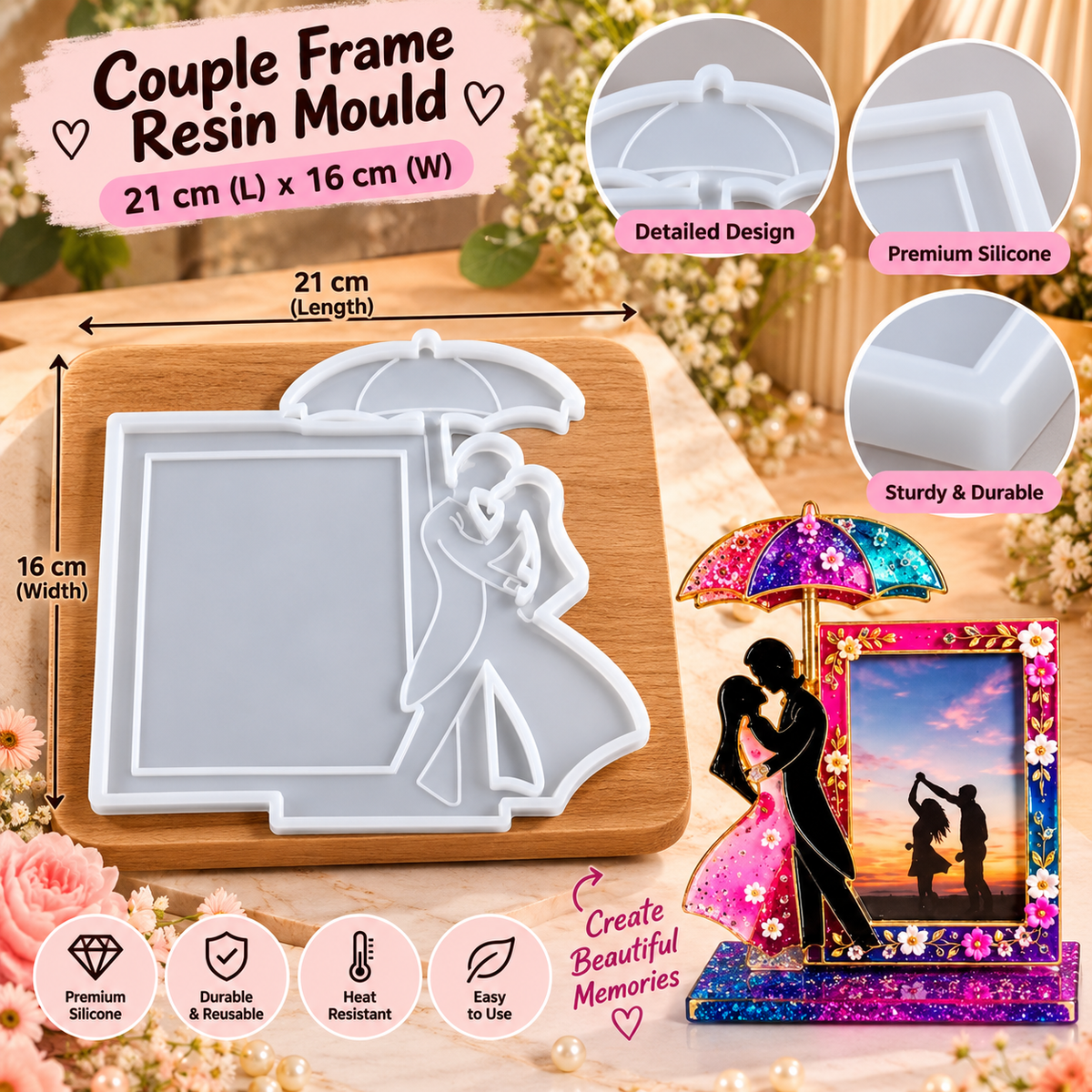 White silicone couple frame resin mould with rectangular photo cavity and heart outline