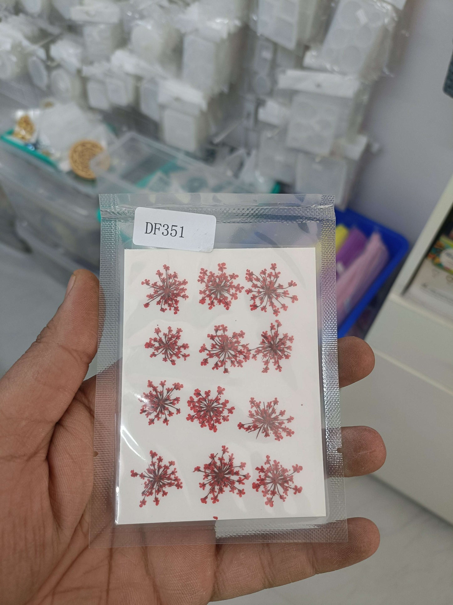 Pressed flower set (12 pcs) in red on backing card, DF351 label